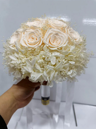 Bridal Bouquet Preserved Roses, Cream Baby’s Breath, & Cream Hydrangea