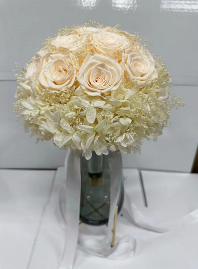 Bridal Bouquet Preserved Roses, Cream Baby’s Breath, & Cream Hydrangea